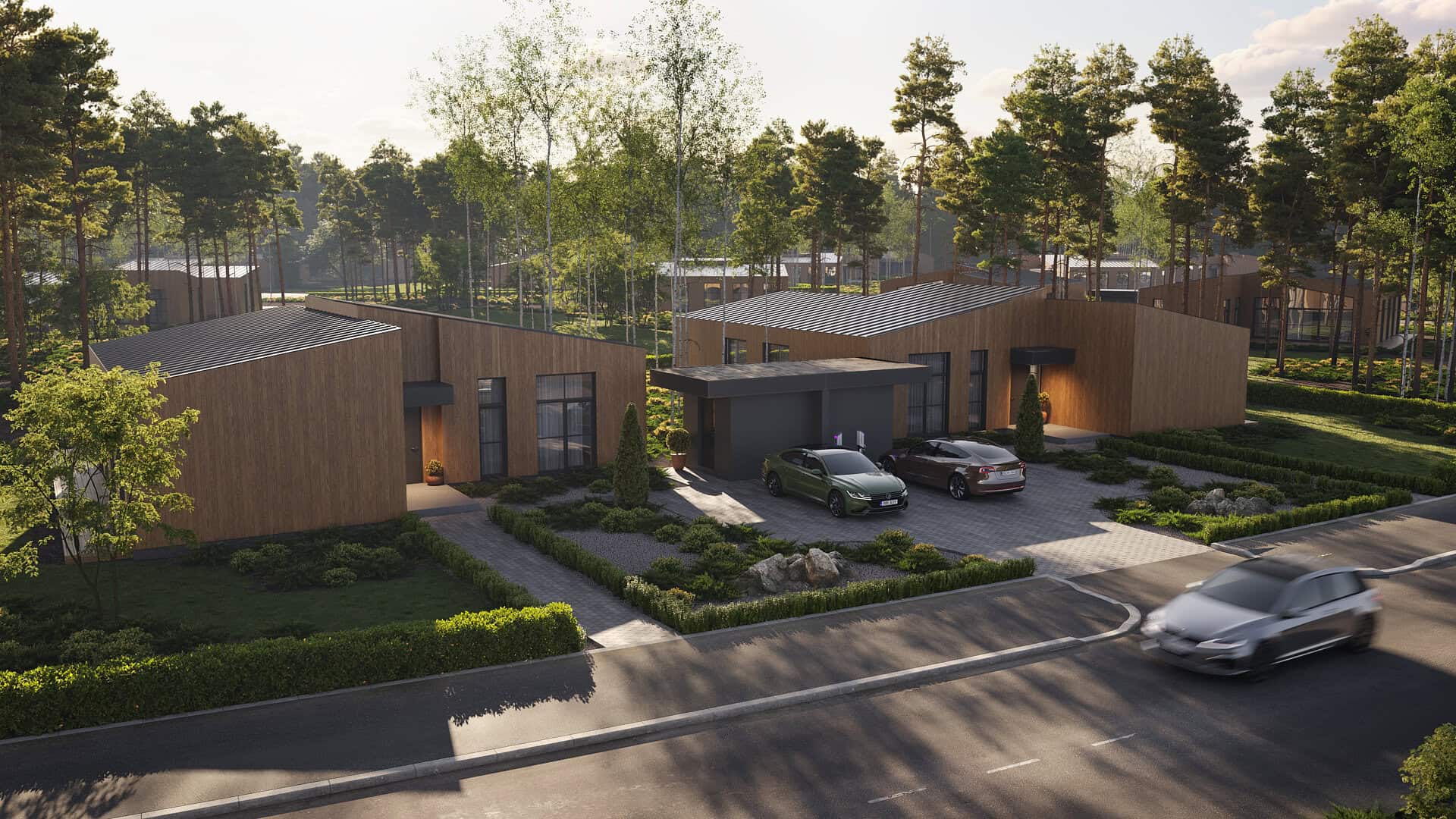Modern residential homes at Rätsepa Kodud, Estonia, with natural wood finishes and eco-friendly desi.