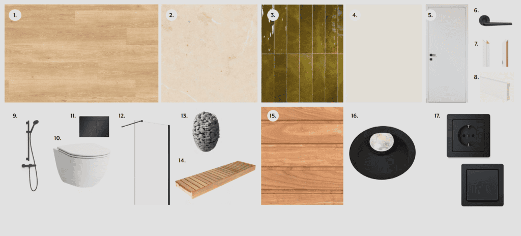 Collection of modern interior design materials including wood, tiles, fixtures, and accessories.