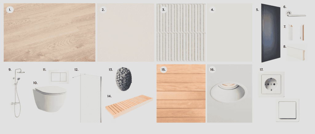 Interior material samples for Rätsepa Kodud project, including wood, fabric, and ceramic textures.