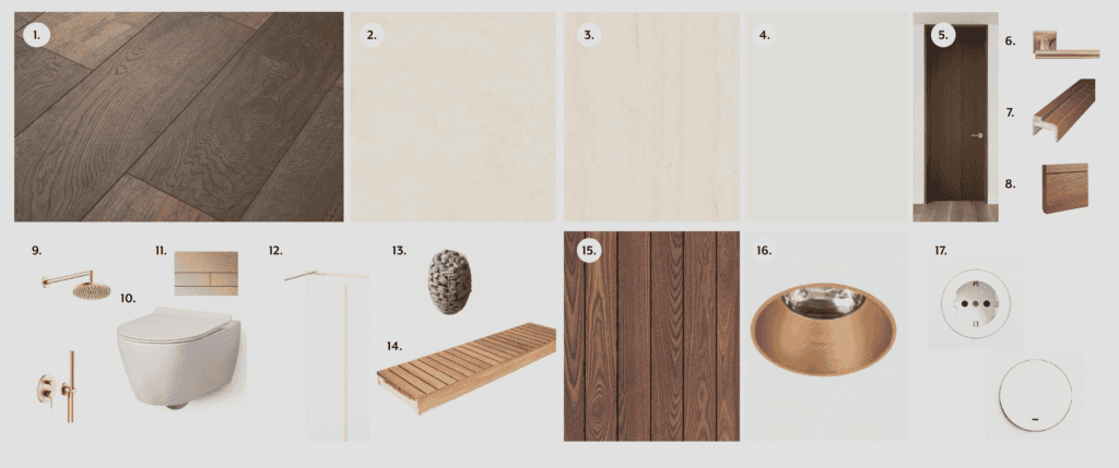 Wooden flooring, wall panels, and interior accessories for custom home design.